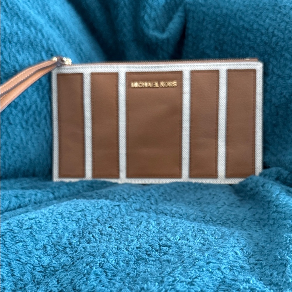 Michael Kors Tan and White Striped Wristlet